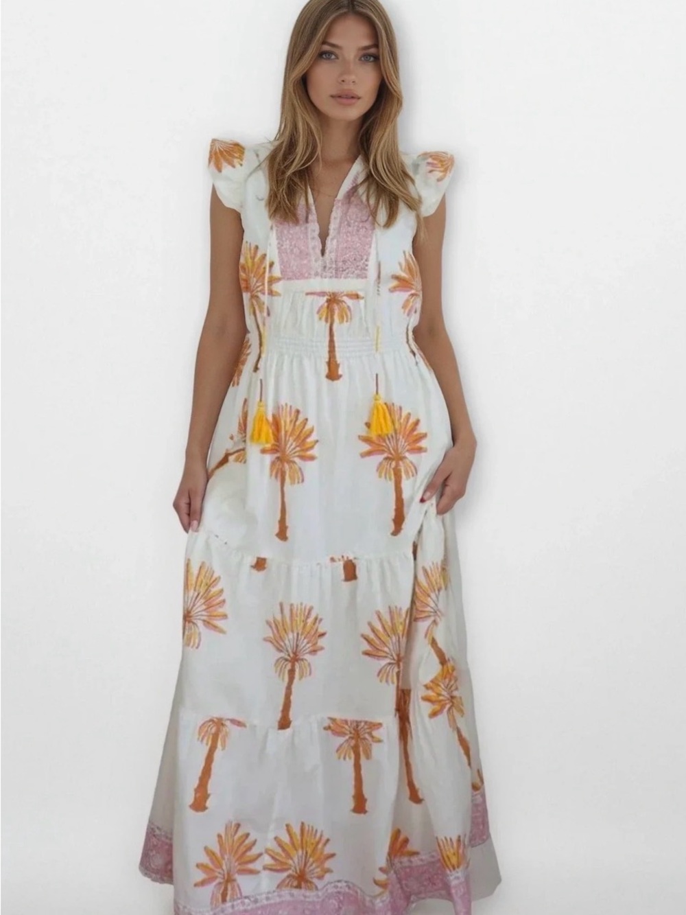 White Palm-Print Maxi Dress with Pink Trim